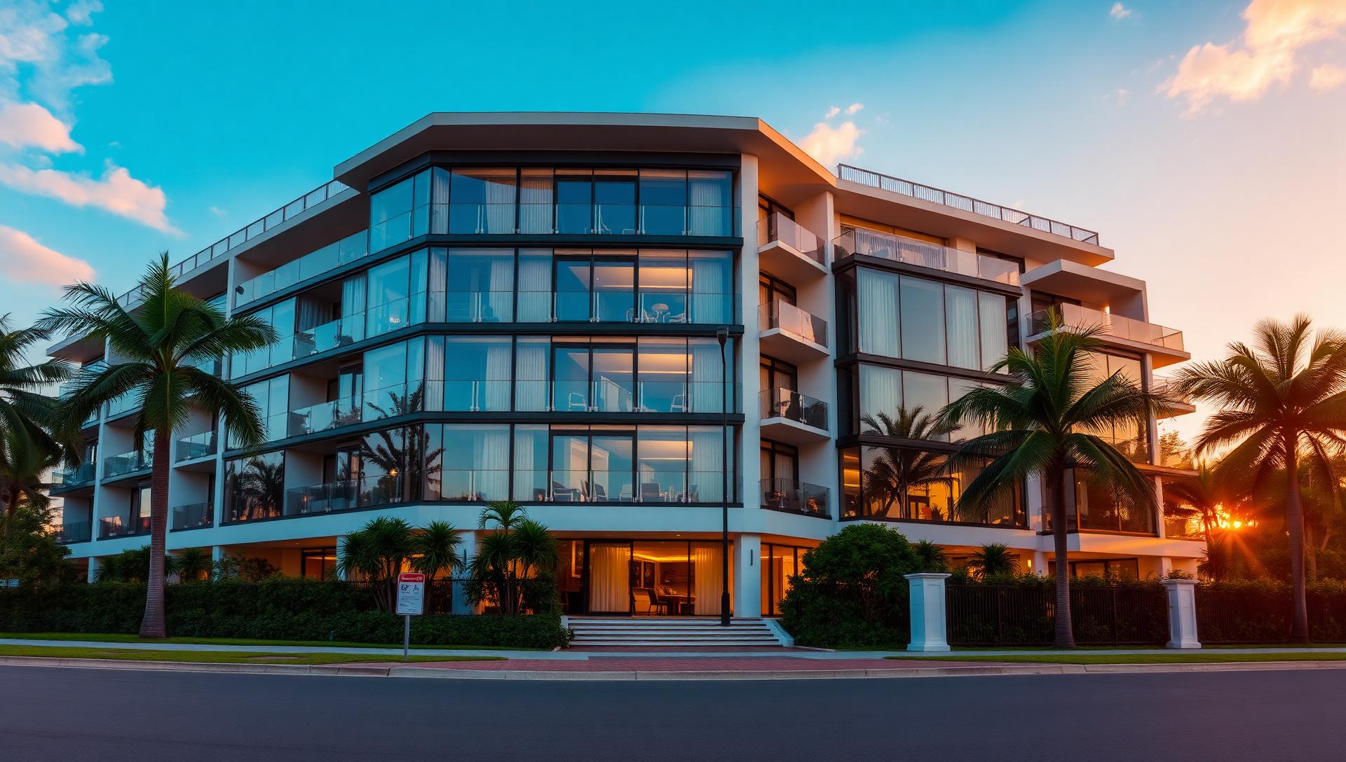 Edifício residencial de alto padrão ao pôr do sol